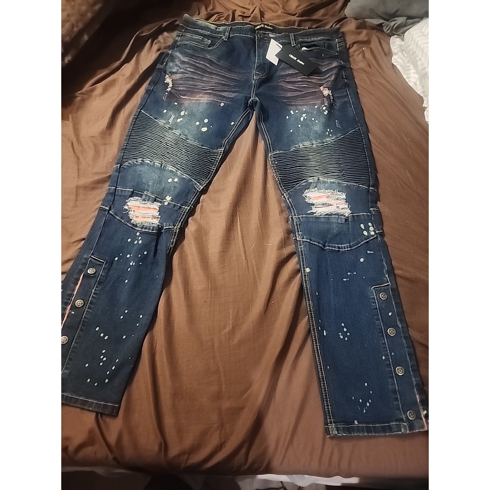 Men's Create 2MRW Rip & Repair‎ Jeans Paint Splatter Graffiti Denim   38x32